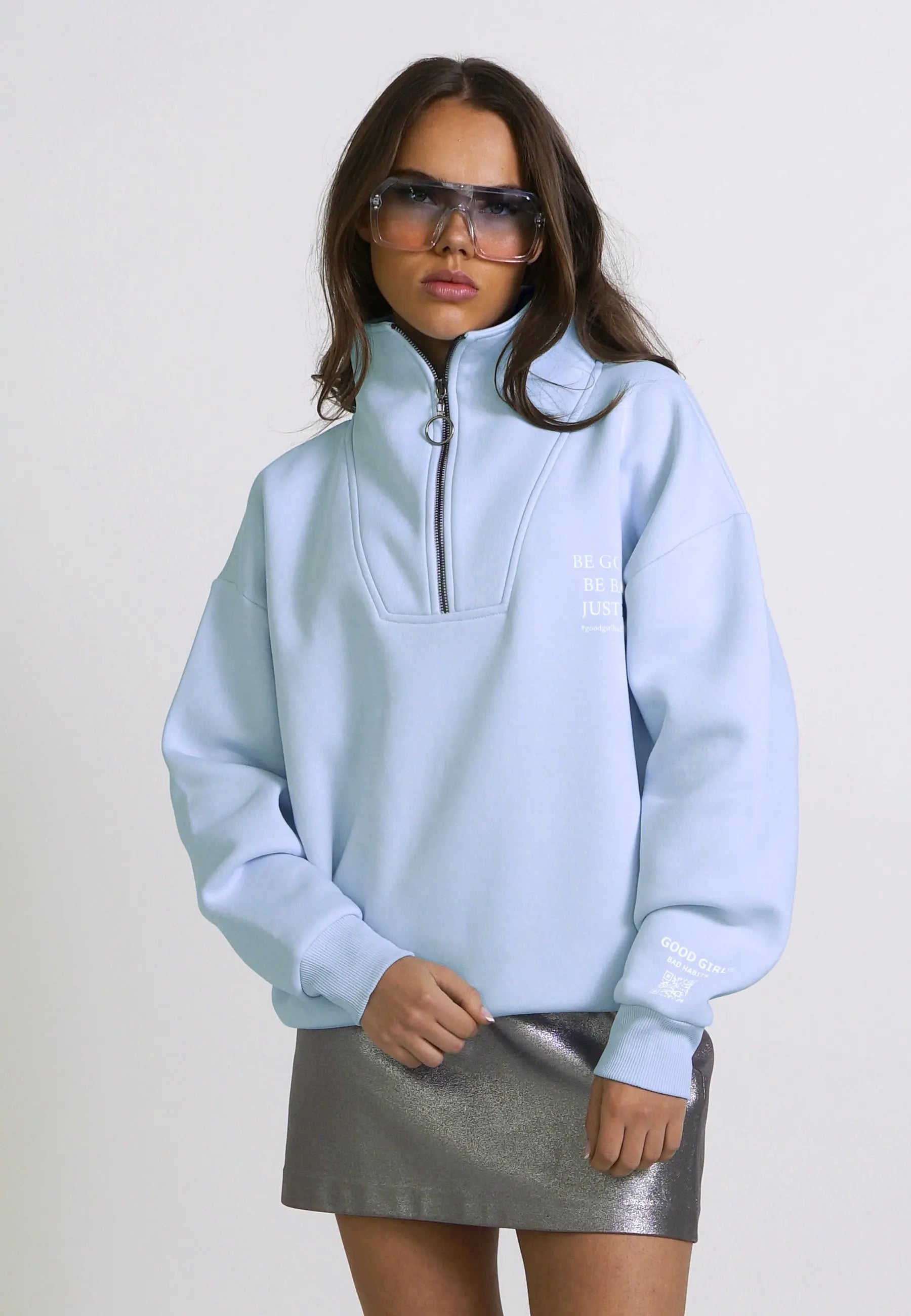 KAMULAU Womens Half Zip Sweat Streetwear Damen Troyer Hellblau Babyblau Light Blue - GOOD GIRL BAD HABITS