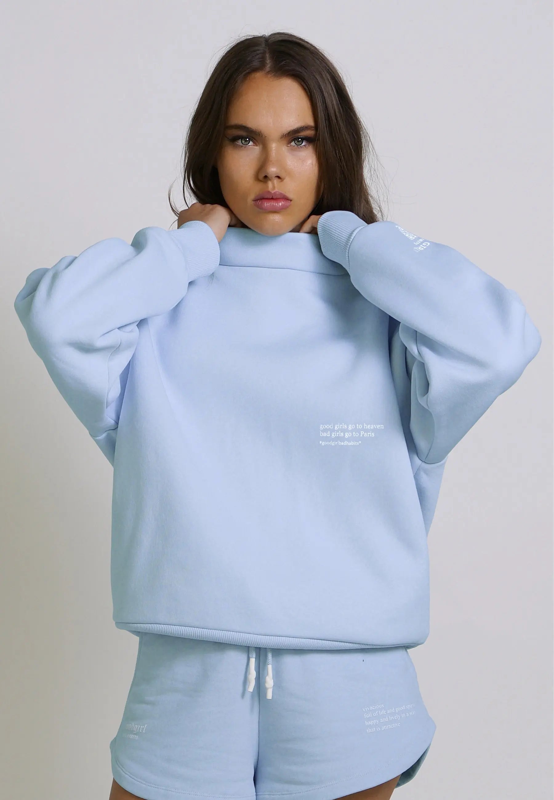 KRYMMY  Hybrid Hoodie Stehkragen Sweat Mock Neck Hellblau Babyblau Light Blue - GOOD GIRL BAD HABITS